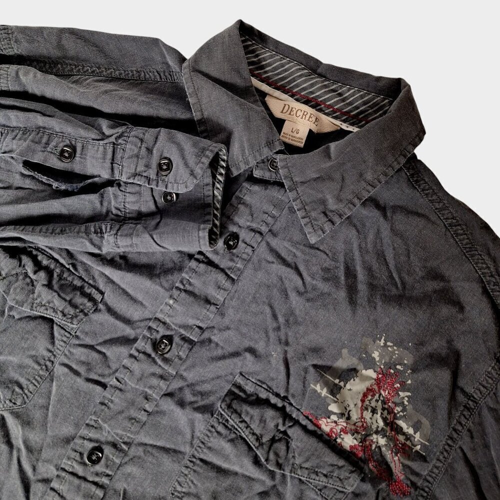 Vintage Y2K Decree Mens Button Down Shirt Large Black Red Angel Wings